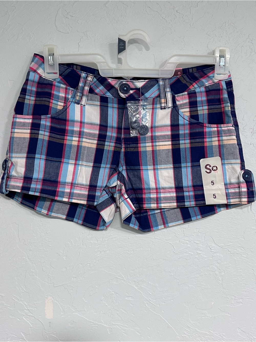 SO Junior Girls' Navy Plaid Cotton Shorts - Blue/Pink